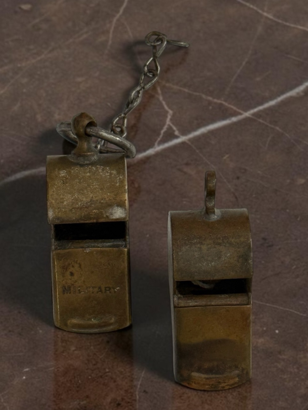 🫶🏻 2 Vintage Military Brass Whistles - Brown Patina